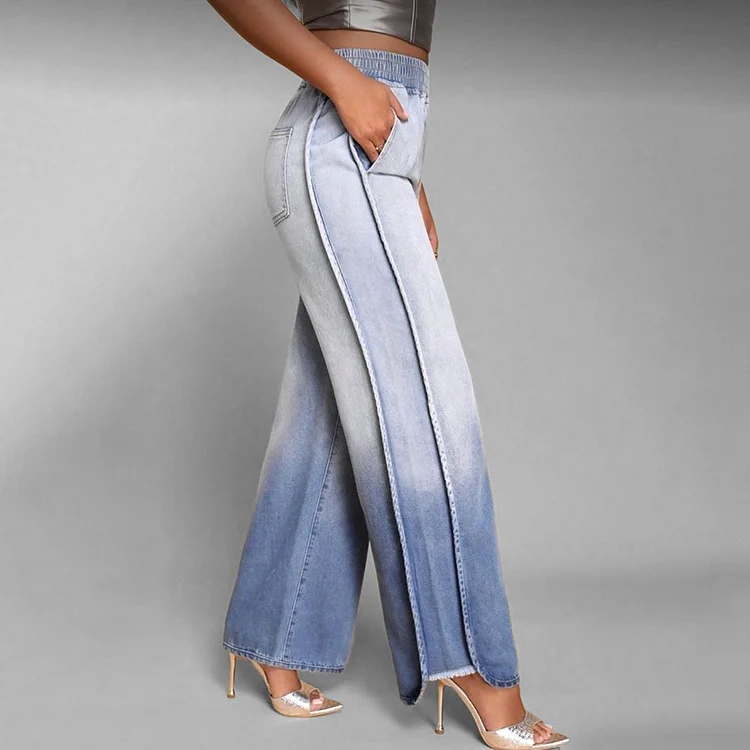 Casual Elastic Waist Slant Pocket Gradient Denim Wide Leg Jeans