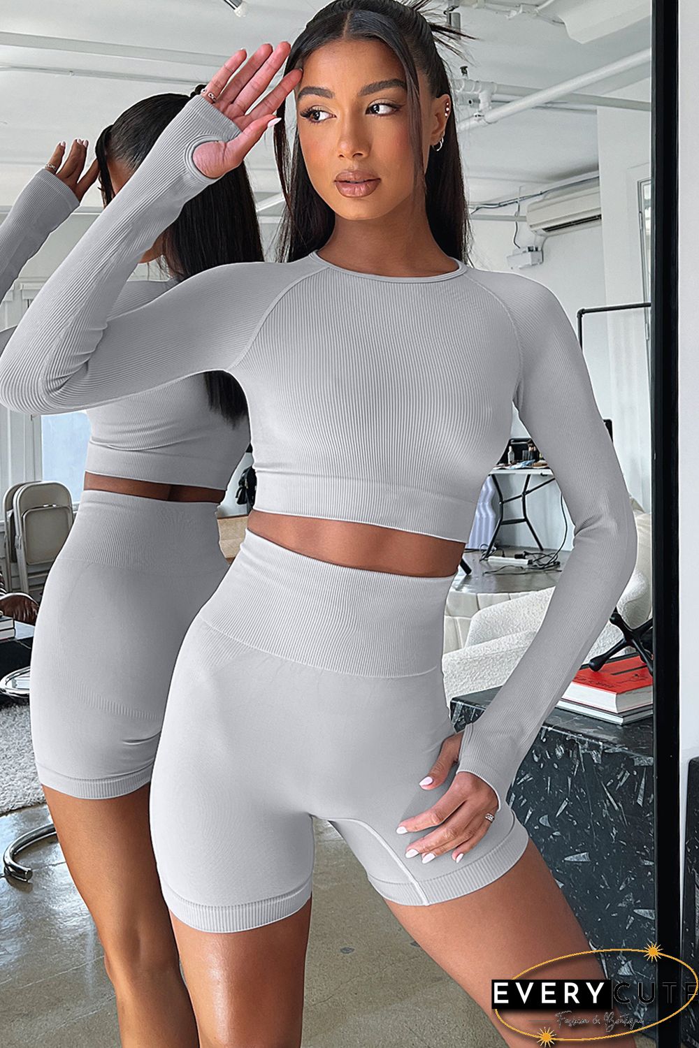 Gray Long Sleeve Seamless Crop Smoke