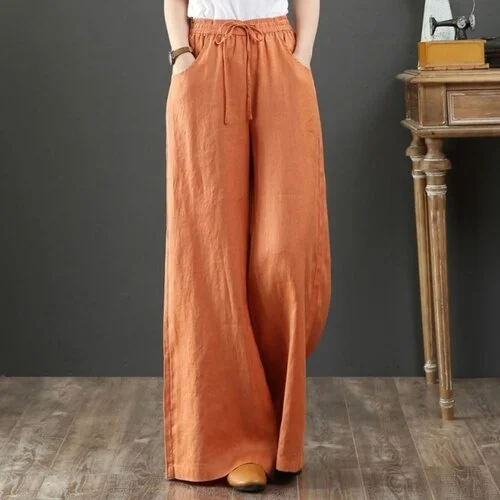 Casual Pants Women Linen Casual Ins S-3XL Female Elegant Popular Spring Baggy Ulzzang Drawstring Wide Leg Trouser 21 Colors Chic