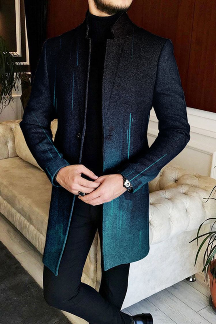 Tiboyz Men's Gradient Color Standing Collar Mid-Length Tweed Coat