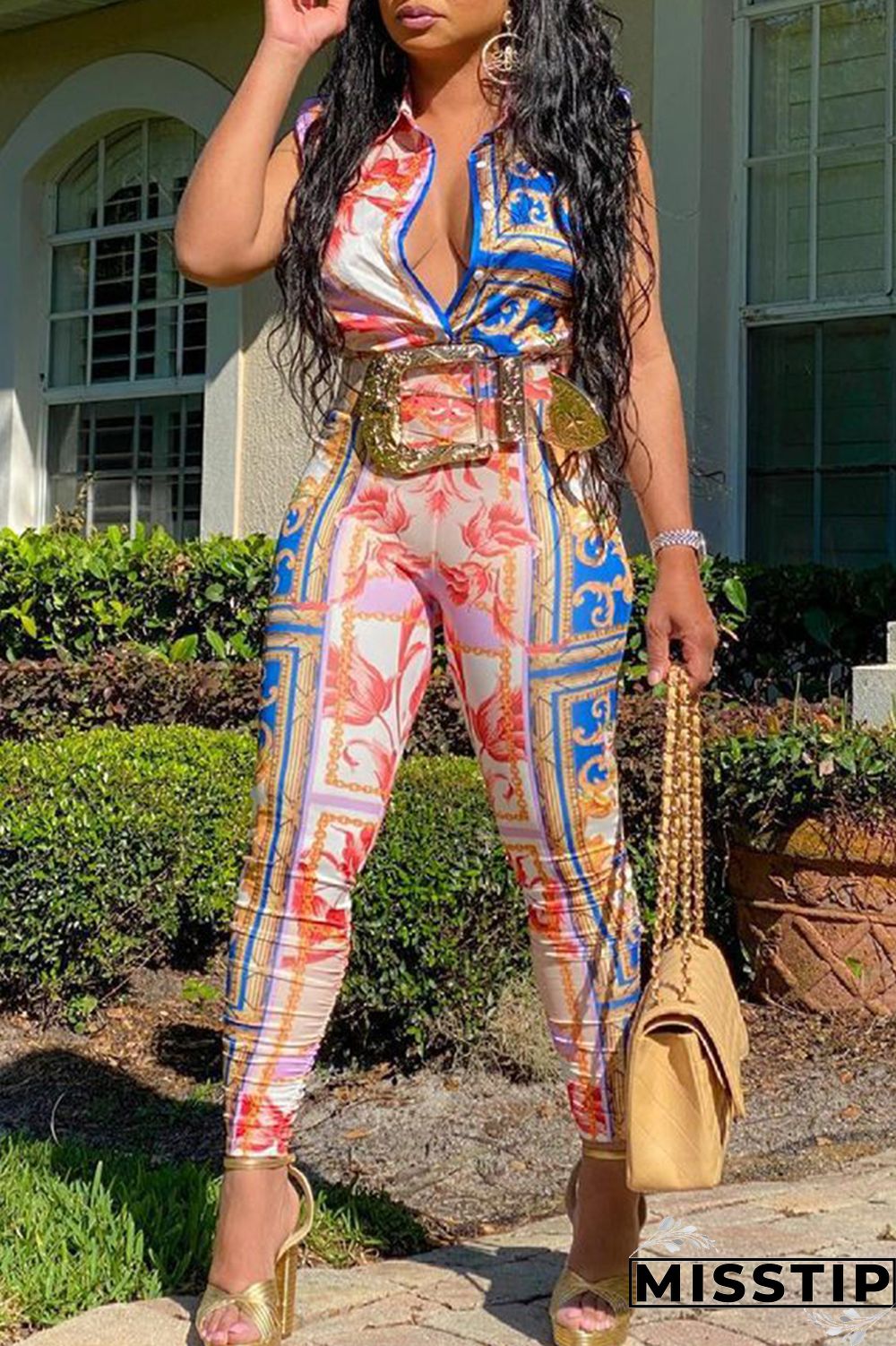 Blue Sexy Print Patchwork Turndown Collar Sleeveless Two Pieces