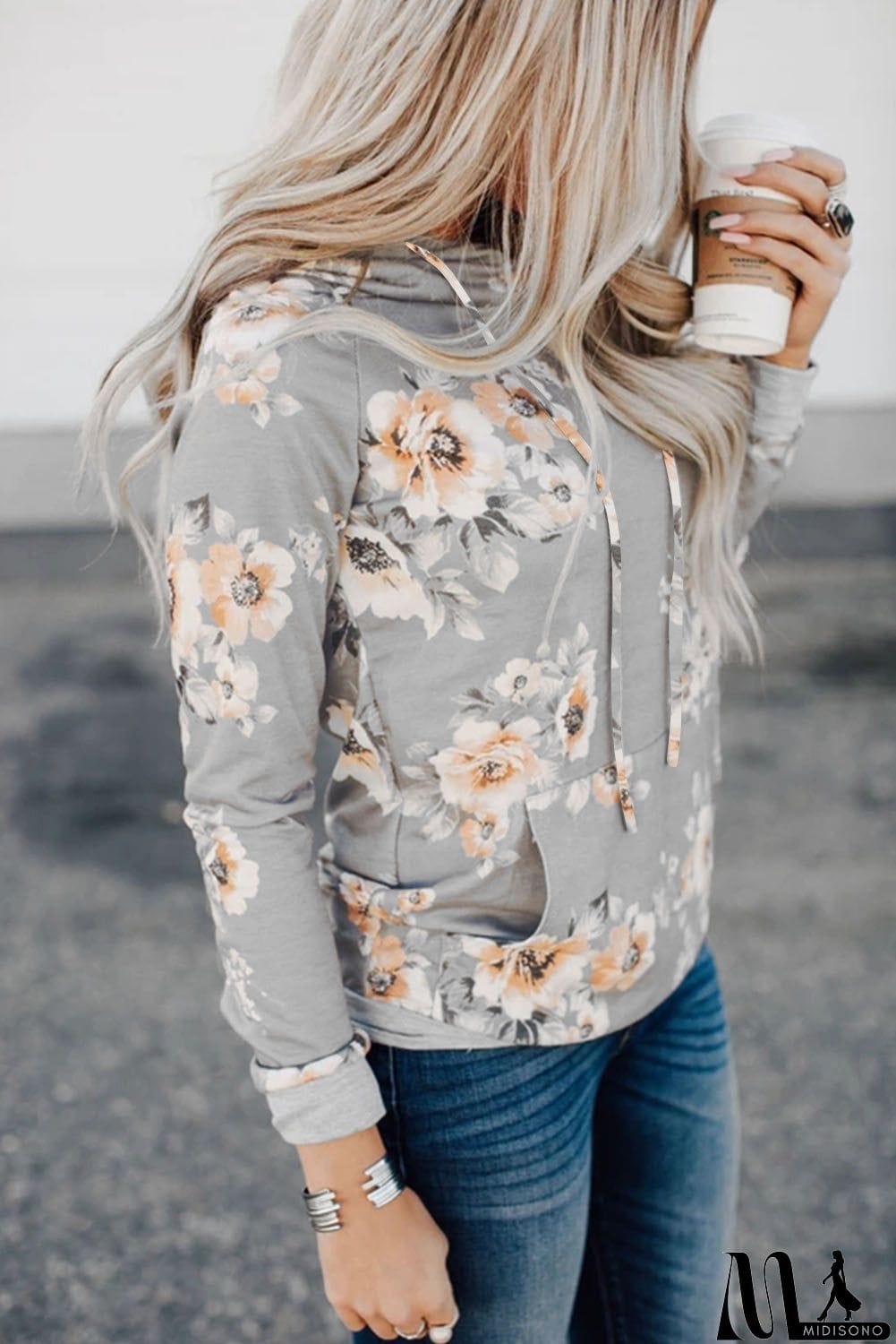 MidiSono - Floral Hoodie with Kangaroo Pocket