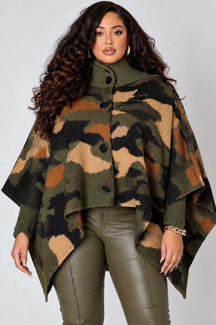 Xpluswear Design Plus Size Business Casual Army Green High Collar 3/4 Sleeve Asymmetric Hem Irregular Hem Button Crochet Sweaters [Pre-Order] 2024 - Xpluswear