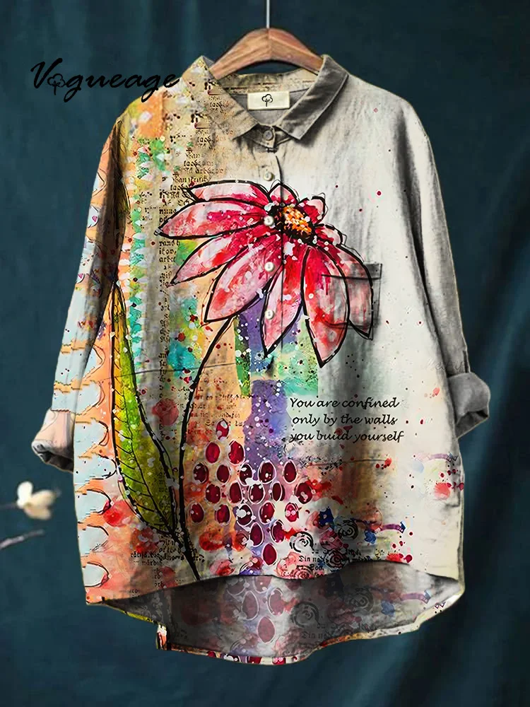 Intellectual Mature And Fashionable Flowers Printed Cotton And Linen Shirt
