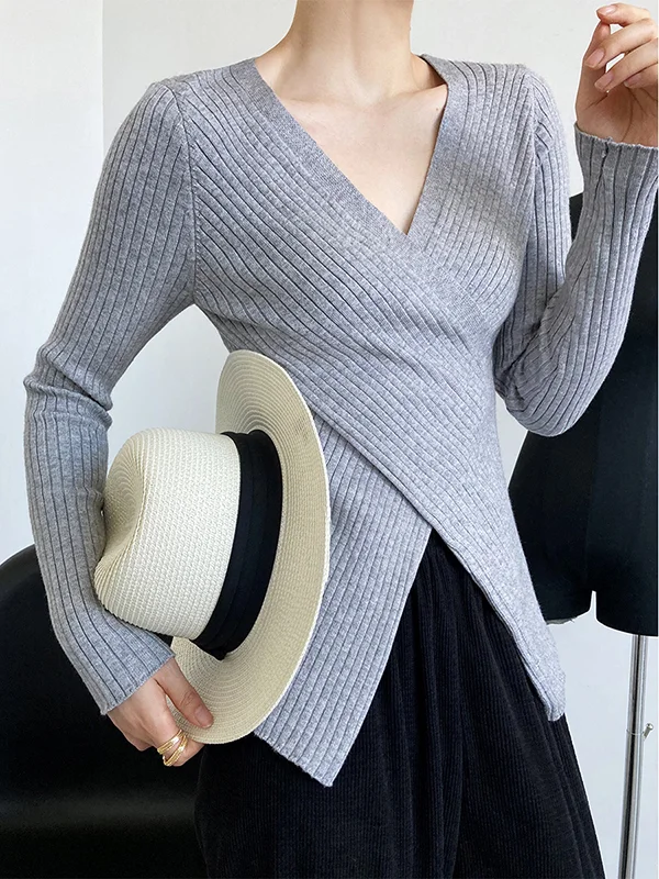 Long Sleeves Skinny Pure Color Cross V-Neck Sweater Tops
