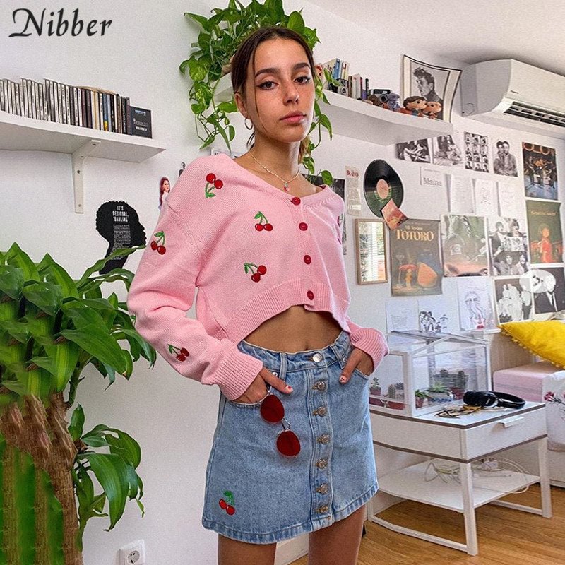 Nibber Sweet cute cherry embroidery Sweater for women Chic Knitted tops Cardigan fall winter casual wear graphic Sweater female