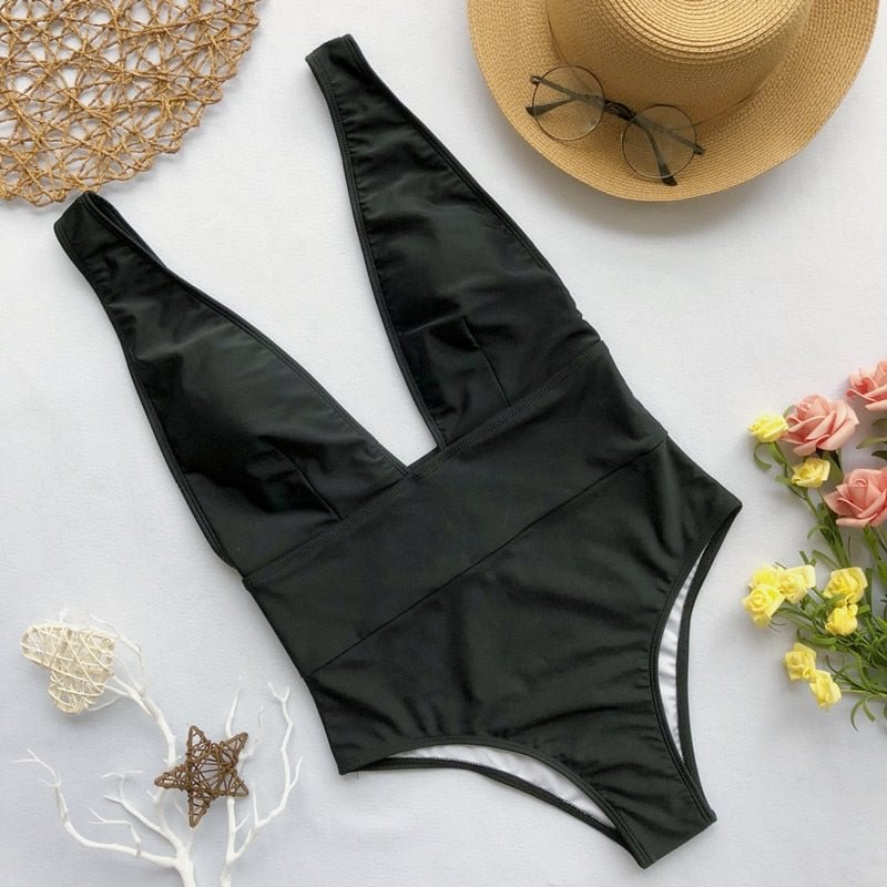 Sexy Bandage One Piece Swimsuit Women Solid Swimwear Female Monokini Deep V Beachwear Solid Backless Bathing Suit Summer 2018