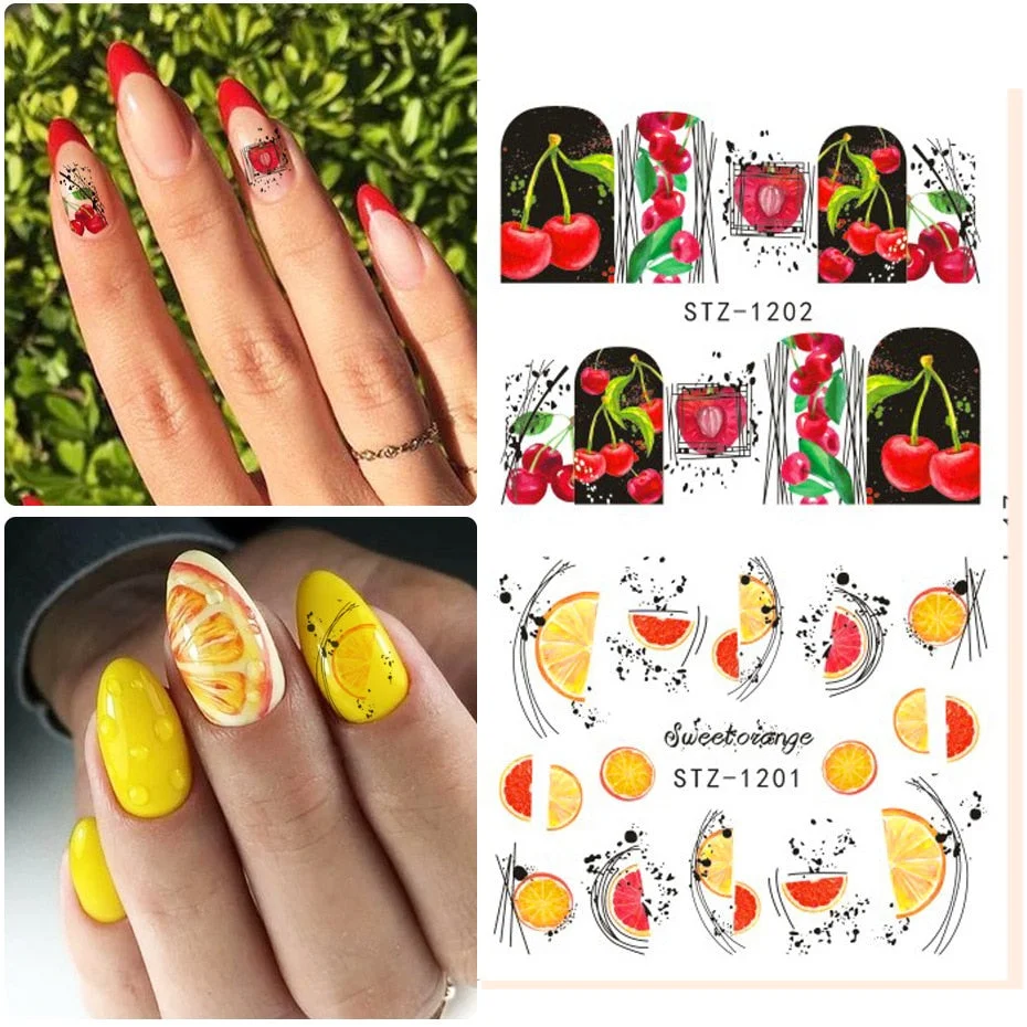 Nail Stickers Water Transfer Fruits Abstract Art Designs 4Pcs/Set Nail Decal Decoration Tips For Beauty Salons-Nail Inspo