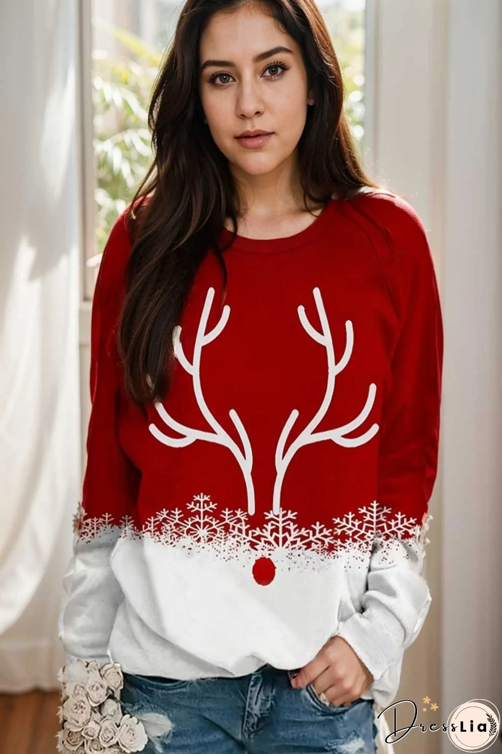 plus size christmas casual sweatshirt women s plus snowflake antler print long sleeve round neck medium stretch pullover top