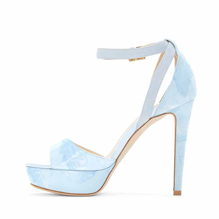Light Blue Ankle Strap Sandals Open Toe Printed Platform High Heels |FSJ Shoes