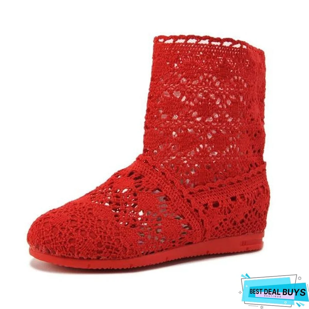 Women Cut-Outs Fashion Shoes Knitted short lace Boot ankle botas Boots