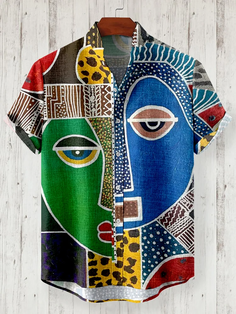 Colorful African Abstract Face Art Linen Shirt