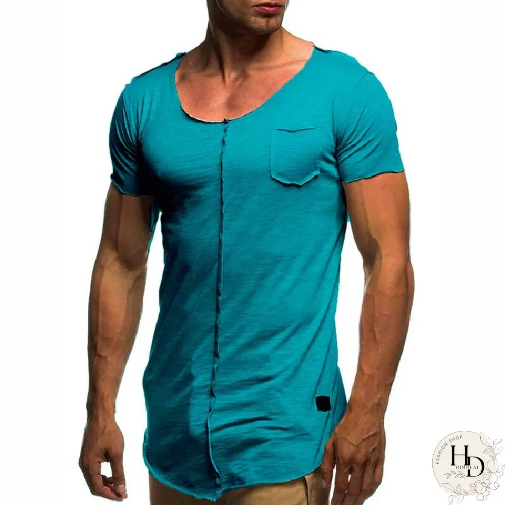 Fashion Mens Patchwork Tshirt Solid Short Sleeve Shirt Spring Summer Casual neck slim