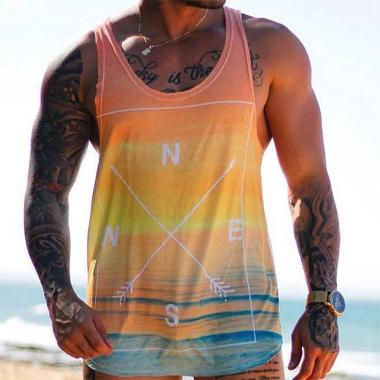 Men's Casual Compass Gradient Round Neck Tank Top