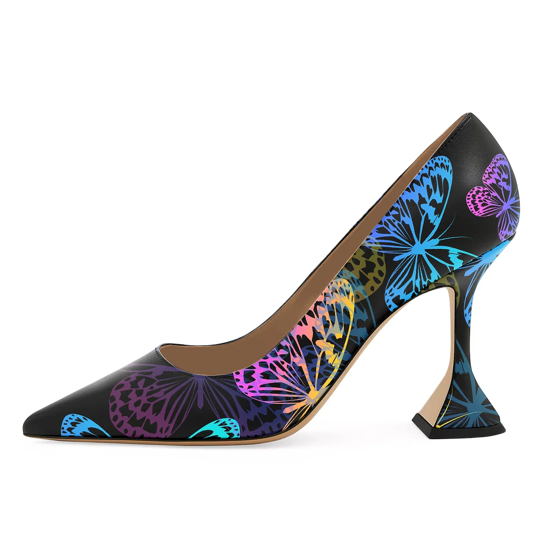Colorful Butterfly Printed Vegan Leather Pointed Flared Heel Pumps