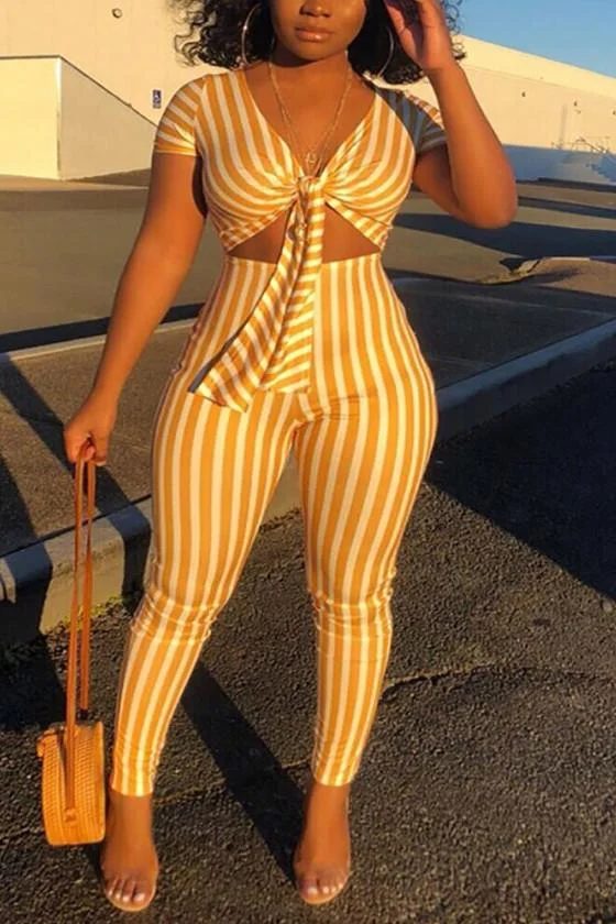 Sexy Striped Print Short Sleeve Jumpsuit