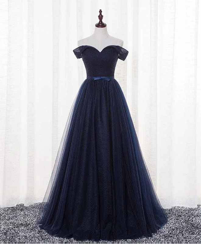 Dark Blue A Line Tulle Long Prom Dress