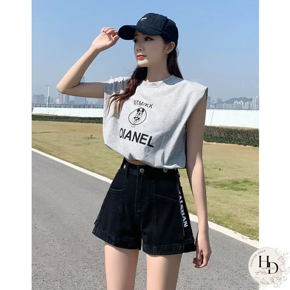 Women's Denim Shorts zipper slit stretch adjustable summer relaxed NEW