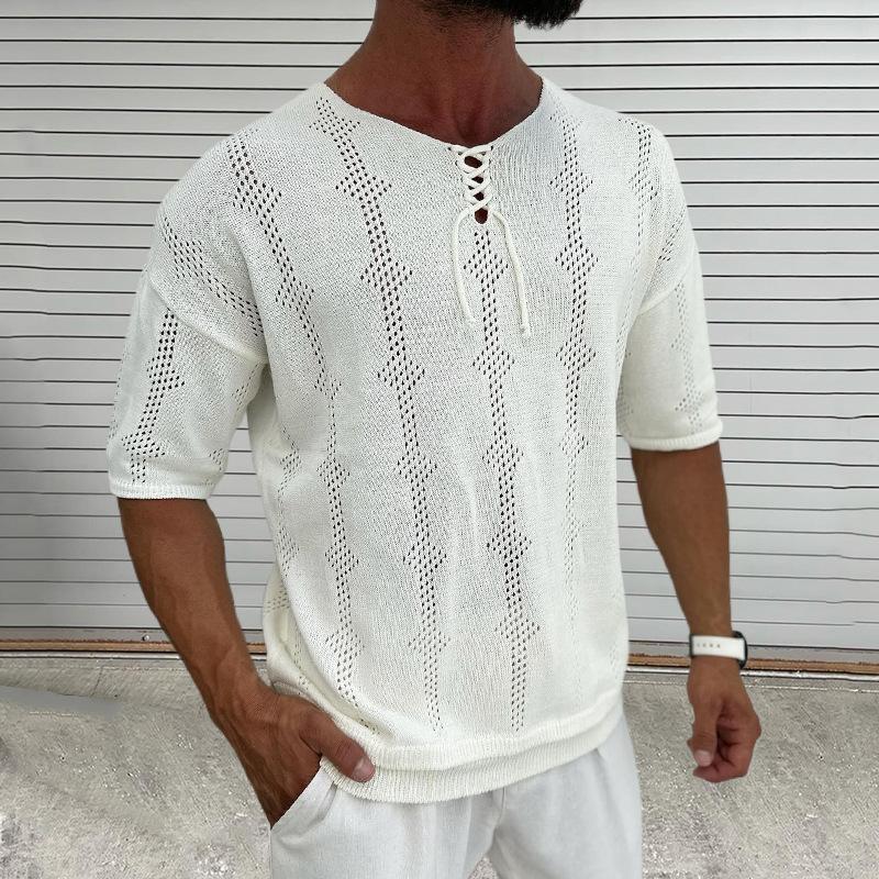 Men's Casual Thin Lace-up Round Neck Hollow Slim Short-sleeved Knitted Sweater