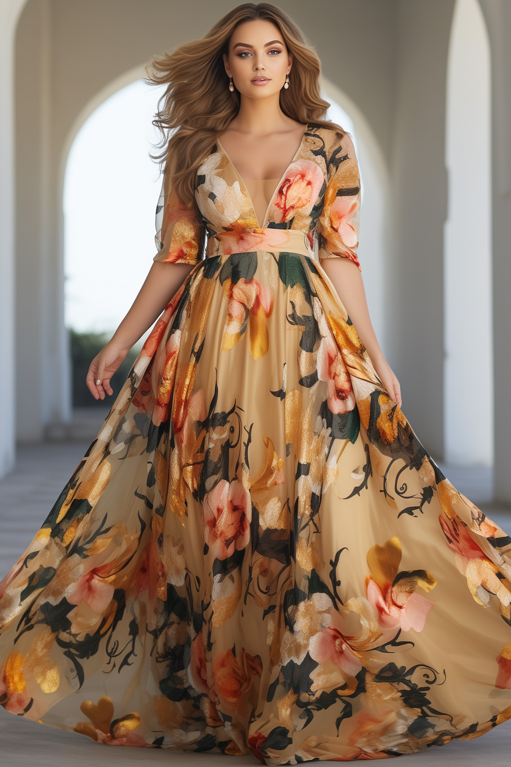 Flycurvy Plus Size Wedding Guest Yellow Chiffon Floral Print Half Sleeve Maxi Dress