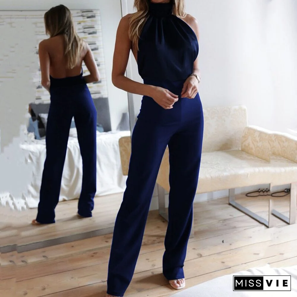 Women Sexy Backless Sleeveless Party Jumpsuits Elegant Off Shoulder Satin Office Playsuits Fashion Halter Solid Straight Romper