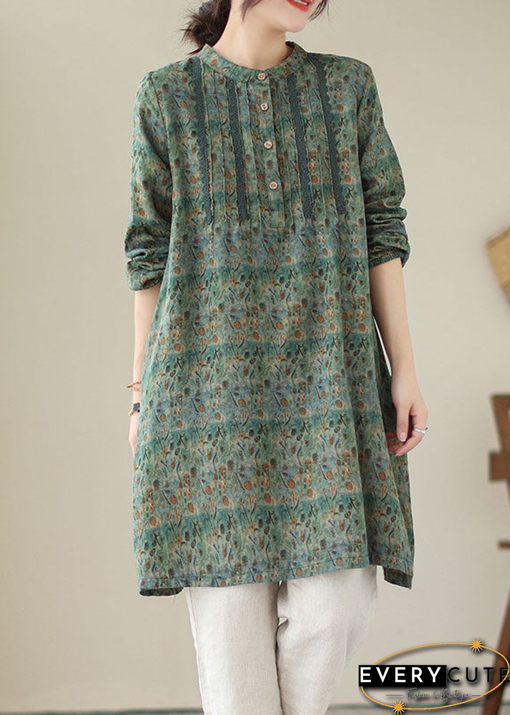 Green Patchwork Cotton Mid Shirts Dress Wrinkled Long Sleeve