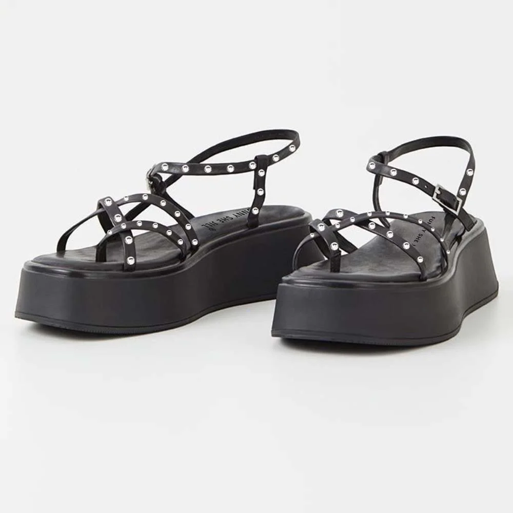 Black Summer Sandals With Platform Rhinestone Strapy Flats Nicepairs