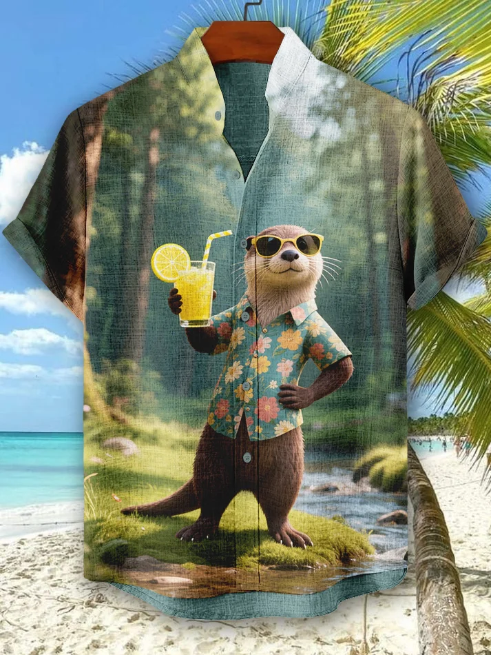 Men's Vacation Style Otter and Juice Print Short Sleeve Shirt