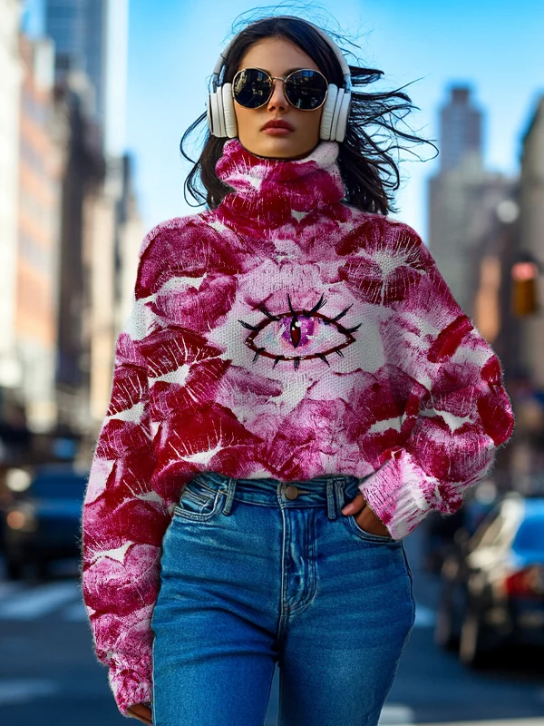 Women's Eyes Lipstick Lipstick Print High Neck Knit Sweatshirt