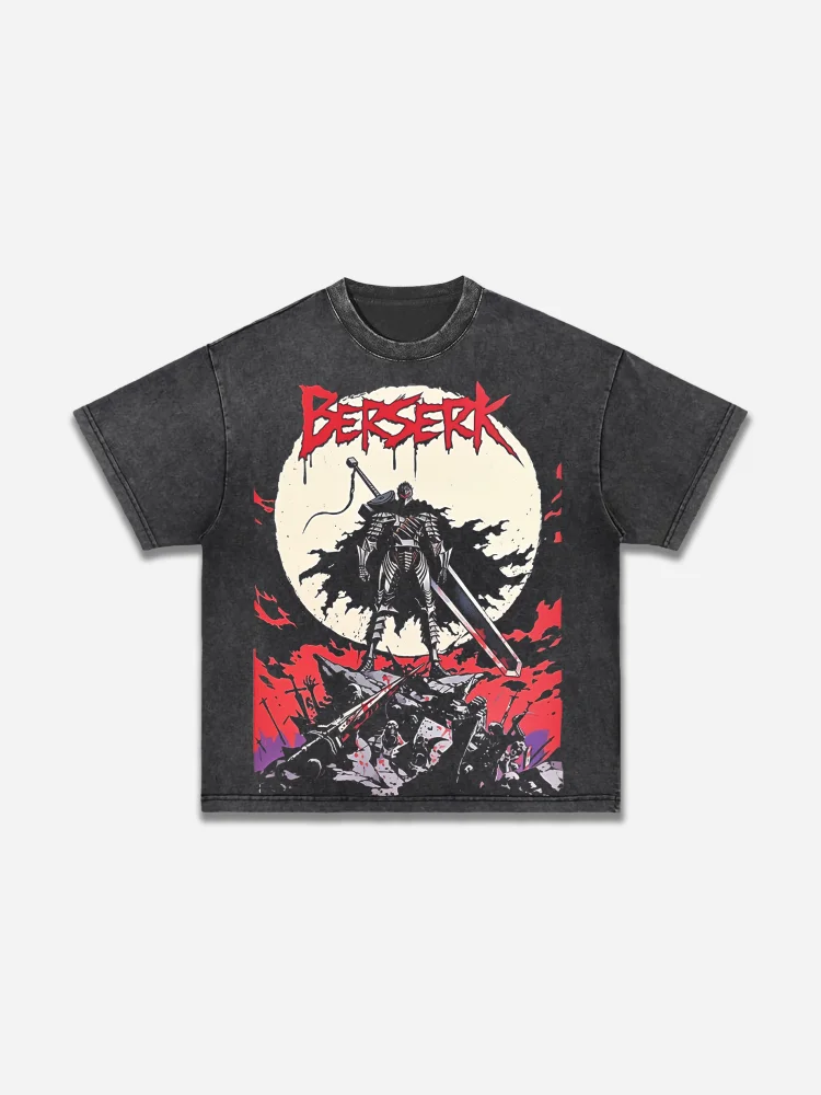 Berserk Black-clad Swordsman Comics Print Acid Wash T-shirt