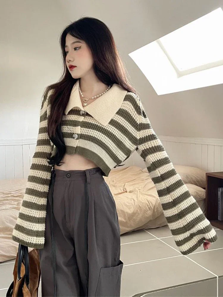 Zoki Sexy Cropped Striped Cardigan Women Fashion Flare Sleeve Loose Knitted Sweaters Casual Autumn Korean Lazy Wind Lady Outwear