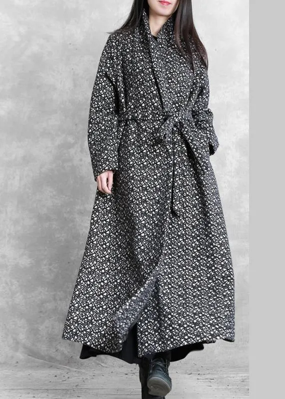fine oversized long jackets outwear black plaid v neck tie waist wool coat