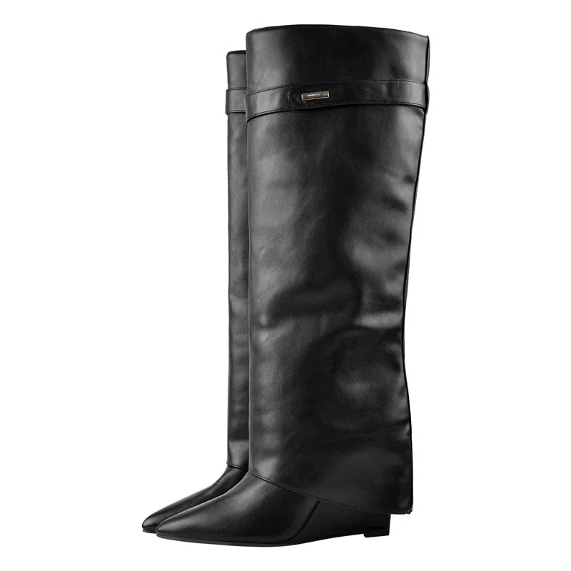 Onlymaker Woman Pointed Toe Black Red Orange High Wedge Heel Fold Over Matte Boots Winter Fashion  Big Size Boots