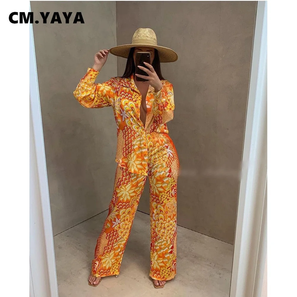 CM.YAYA Autumn Winter Peacock Women's Set Button Up Blouse Shirt Tops and Pants Elegant Tracksuit Two Piece Set Fitness Outfits