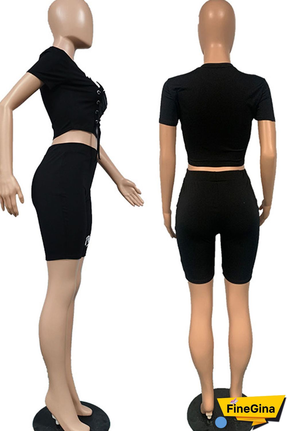 Black Casual Sportswear Print Bandage Patchwork O Neck Short Sleeve Two Pieces