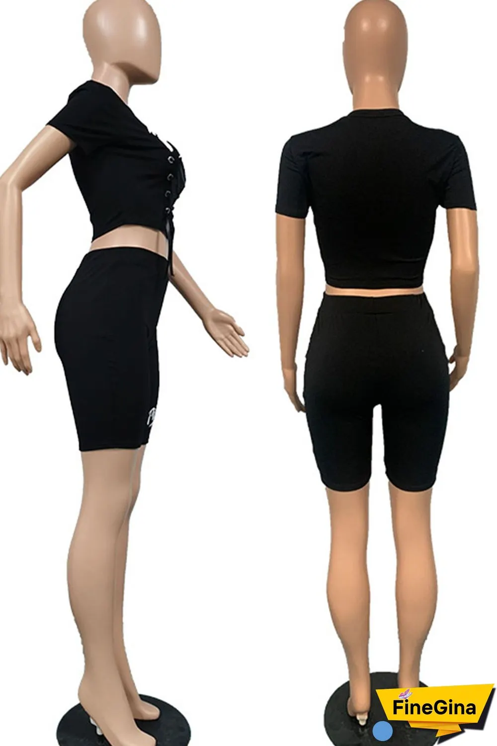 Black Casual Sportswear Print Bandage Patchwork O Neck Short Sleeve Two Pieces