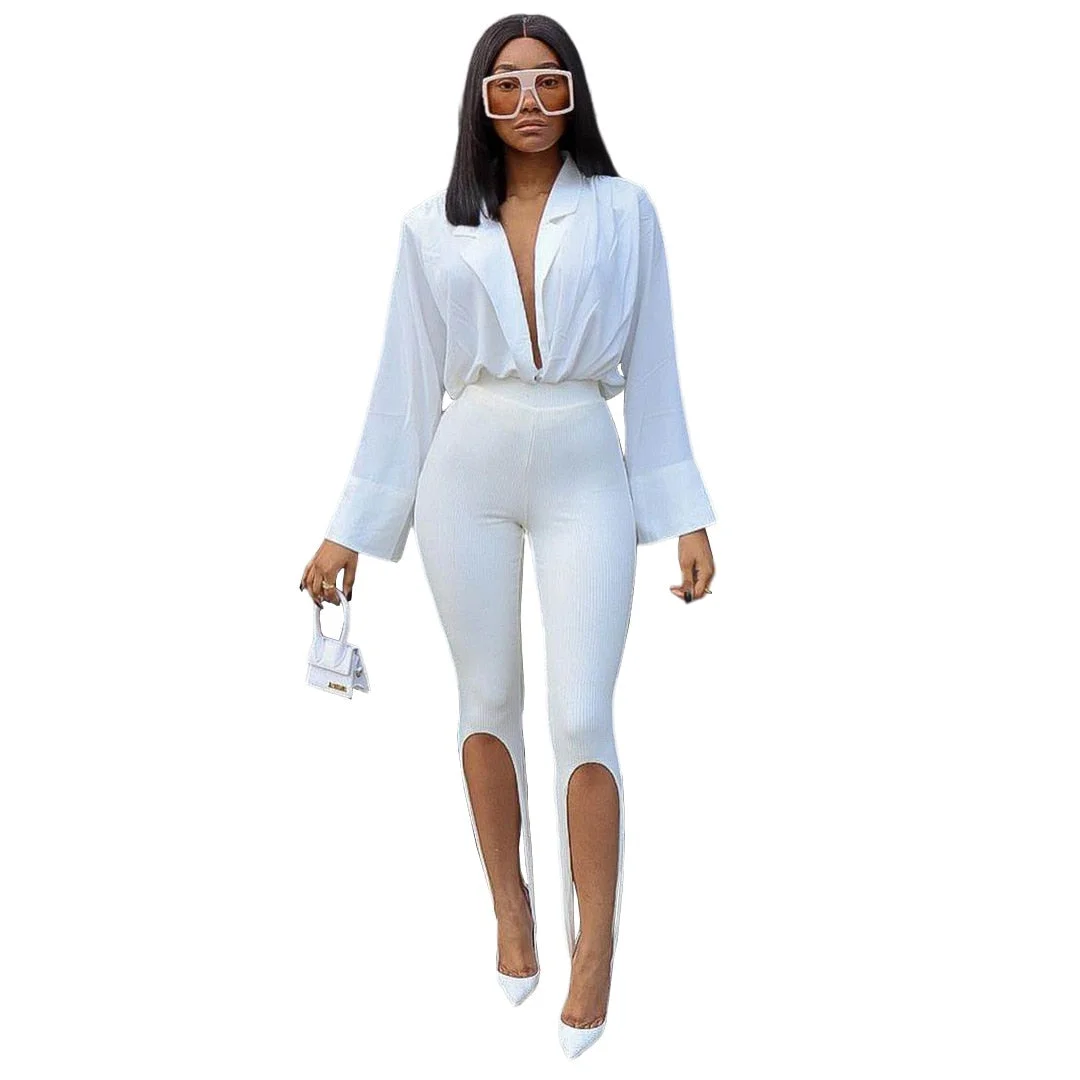 CM.YAYA Women Knit Solid High Slit Legging Pants Streetwear Party High Waist Trousers