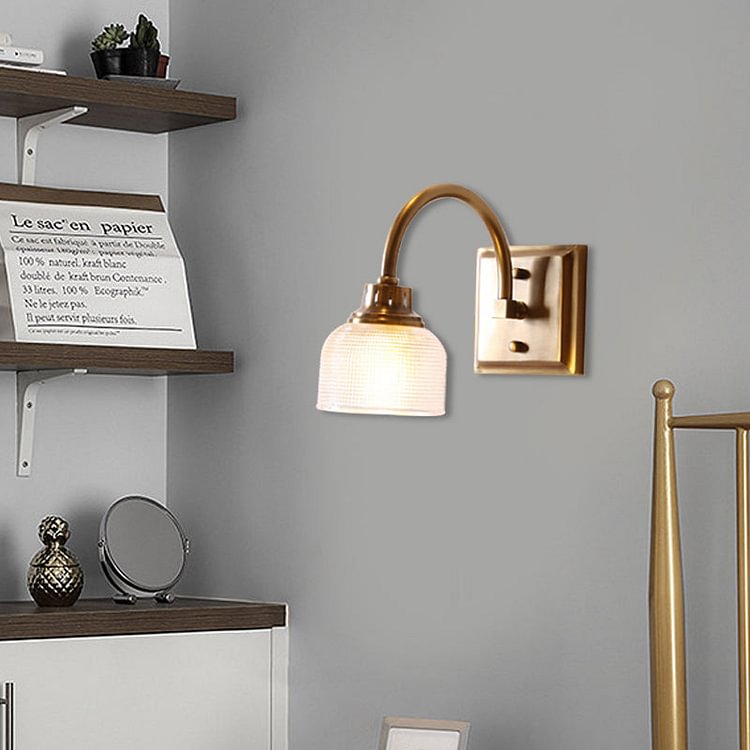Metal Brass Wall Sconce Bowl 1/2/3-Light Vintage Wall Mounted Vanity Light with Ribbed Glass Shade for Bathroom
