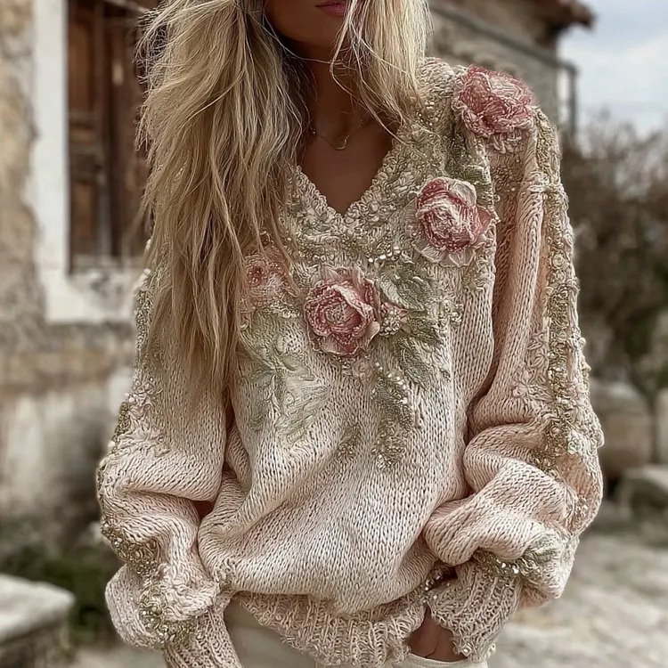 Women's Vintage Pink Rose Art V-neck Cozy Pullover Sweater