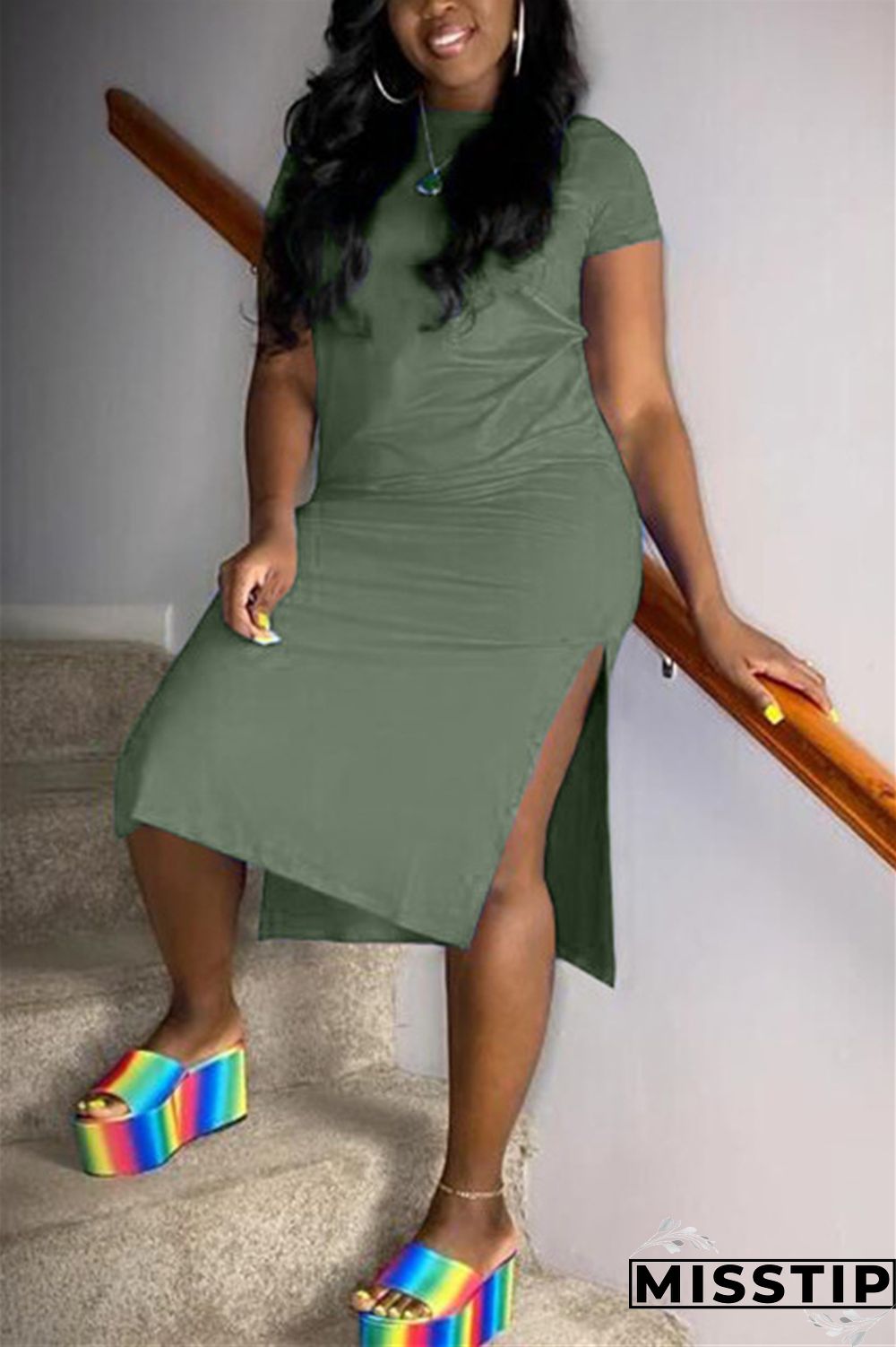 Hide Blue Sexy Short Sleeves O neck Swagger Knee-Length Solid split Dresses