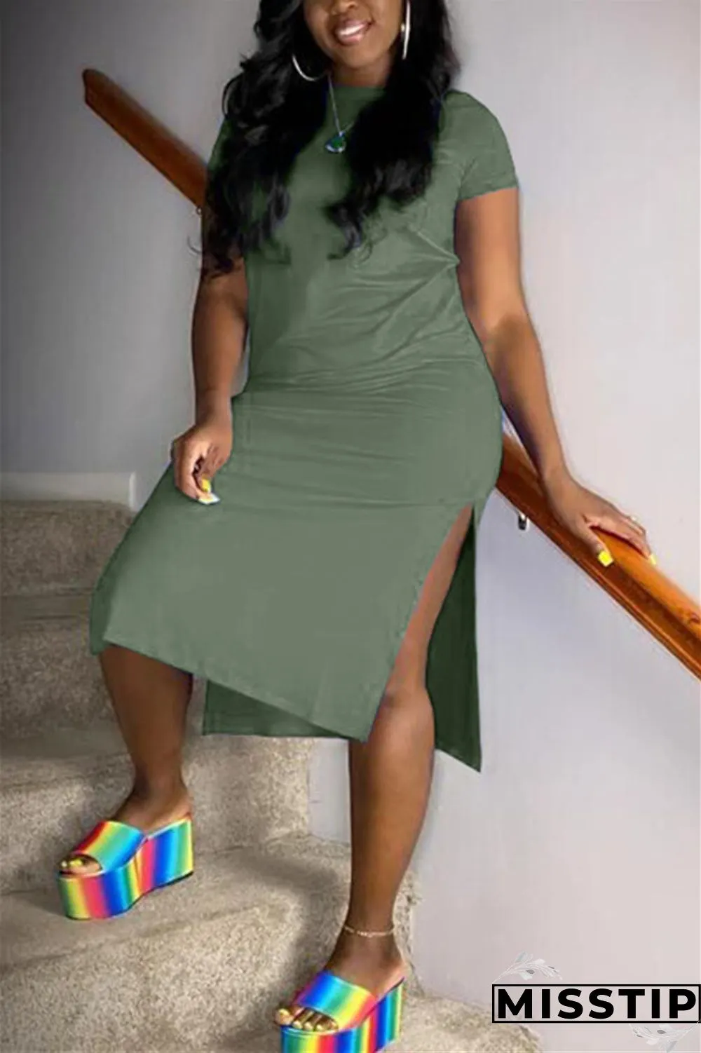 Hide Blue Sexy Short Sleeves O neck Swagger Knee-Length Solid split Dresses