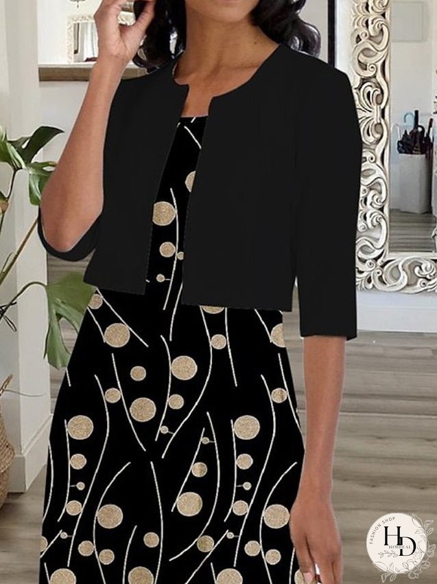 Dress Set Two Piece Dress Church Dress Midi Dress Black Half Sleeve Polka Dot Ruched Summer Spring Crew Neck Casual S M L XL XXL 3XL for Women