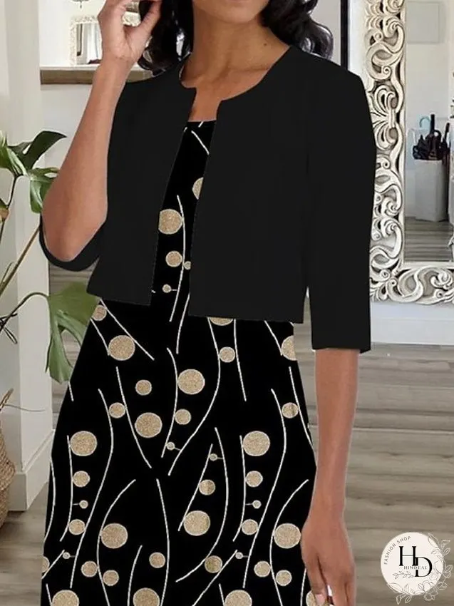 Dress Set Two Piece Dress Church Dress Midi Dress Black Half Sleeve Polka Dot Ruched Summer Spring Crew Neck Casual S M L XL XXL 3XL for Women
