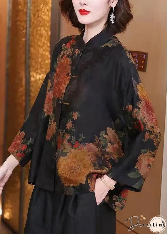 Plus Size Stand Collar Print Button Silk Shirt Long Sleeve