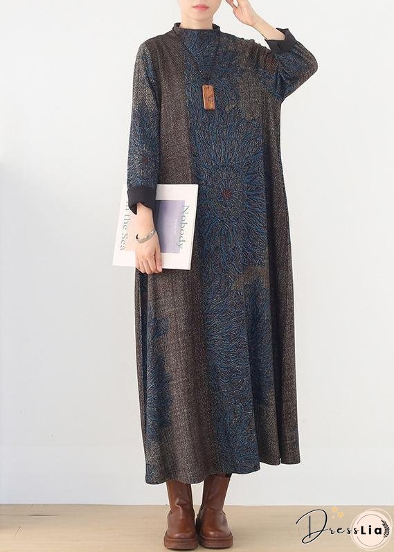 Winter Blue Prints Retro Loose Large Size Dress