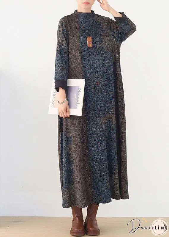 Winter Blue Prints Retro Loose Large Size Dress