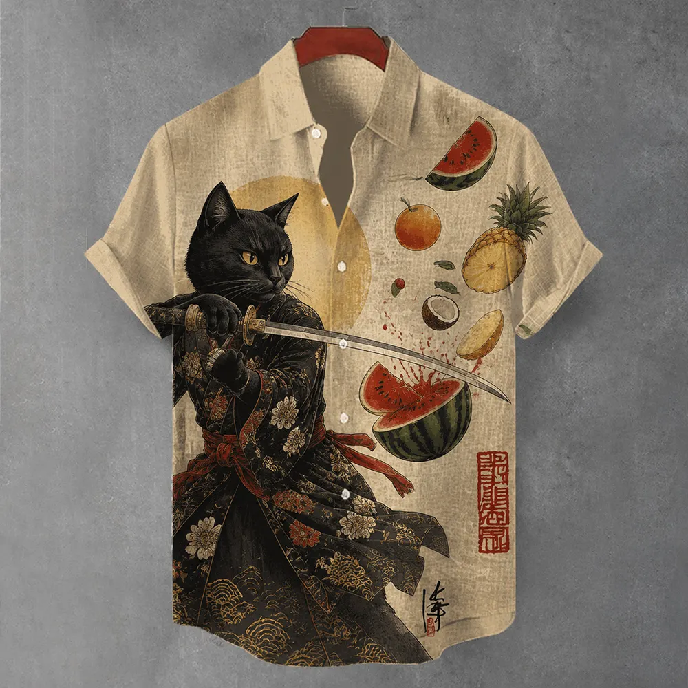 Fruit-cutting Samurai Cat Art Casual Short-sleeved Shirt  artssus