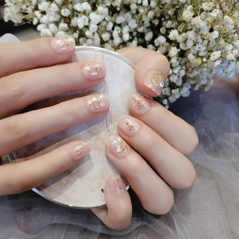 Bride Shining Rhinestone Wedding False Nails Ladies Simple Fashion French Fake Nails White Beige Acrylic Nail Tips With Glue-Nail Inspo
