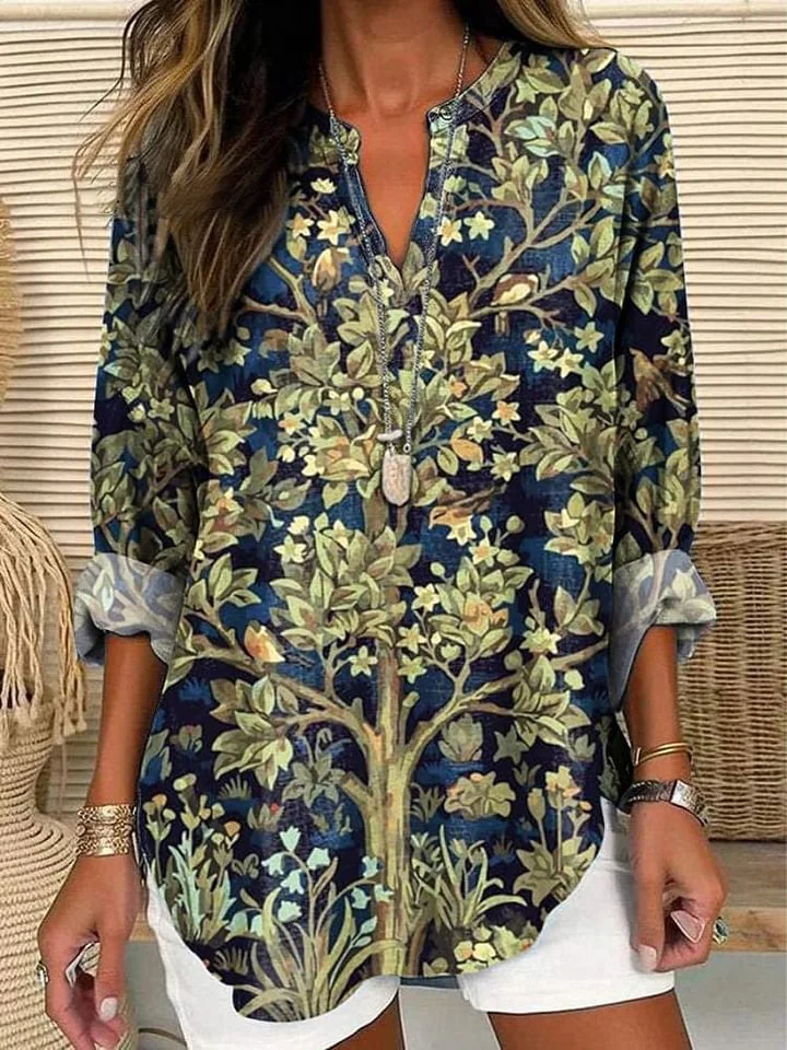 Oil Painting Oak Tree Art Printed Women's Casual Linen V-Neck Shirt