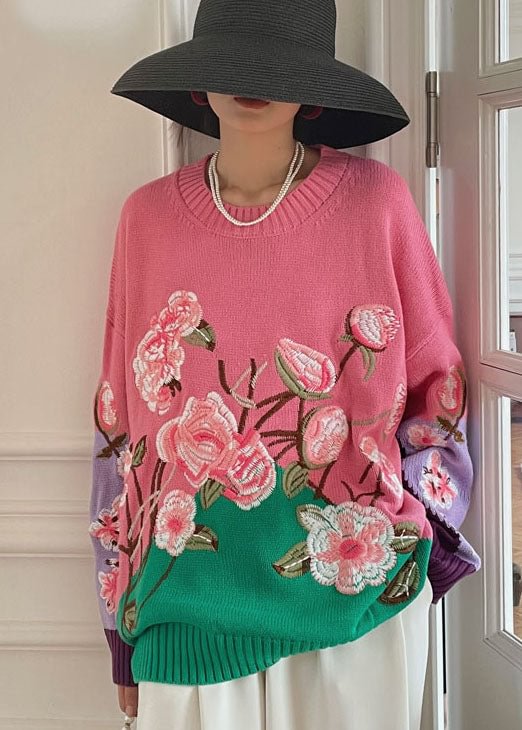 Vintage Pink Embroideried Floral Knit top Spring